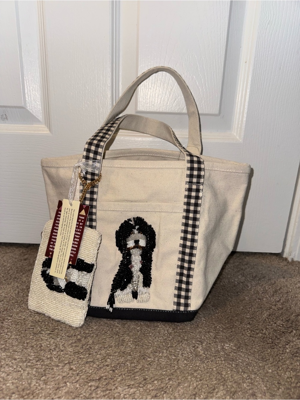 Canvas Tote Bag with Beaded Dog and Gingham Trim Handmade in India New w Tags